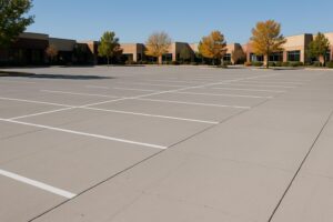 A professionally repaired and clean commercial parking lot in Denver, Colorado, showing even concrete and clear parking lines with no vehicles present.