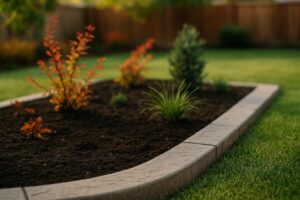 Close-up of a decorative concrete border defining a garden bed in a Denver backyard, prepared for fall plantings, with fresh soil and some perennial plants, photographed in soft afternoon light.