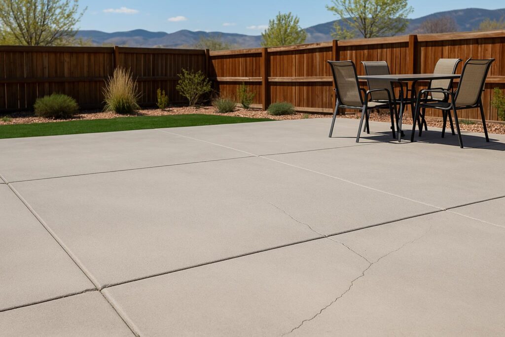 Clean, well-maintained concrete patio in Denver backyard with sealed cracks and level surface, showcasing preventative maintenance measures.