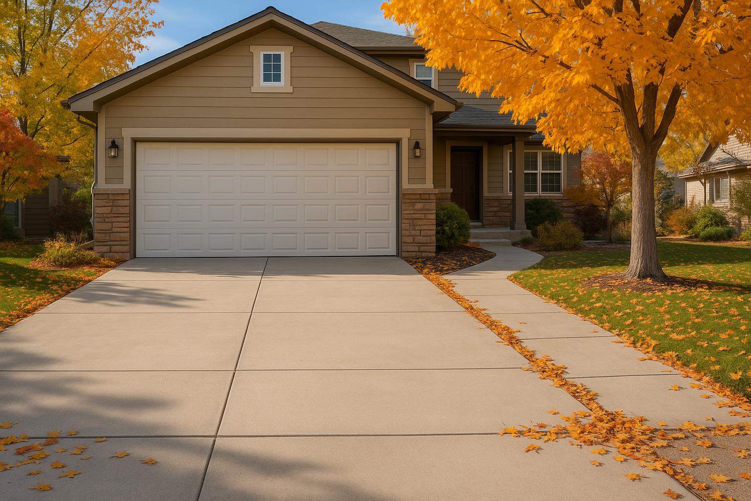 Clean concrete driveway and walkway at a Colorado home in autumn, with fallen leaves nearby and no visible cracks or damage, illustrating fall home maintenance.