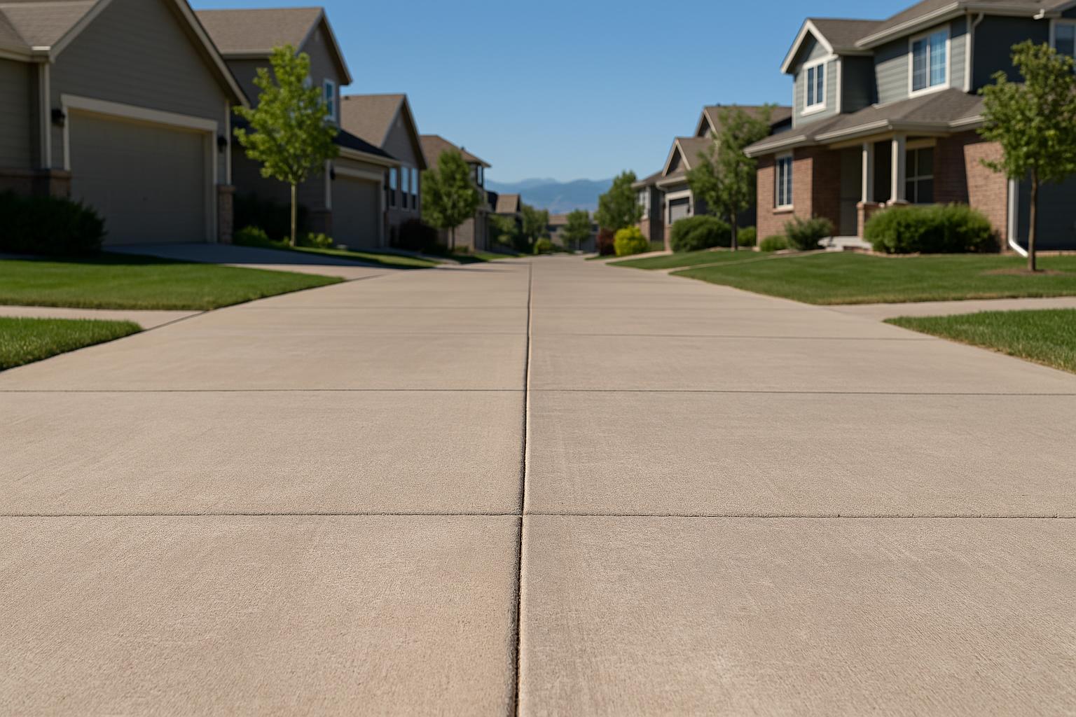A sunlit concrete driveway in Denver showing mild surface fading, with blue sky and distant mountains in the background, illustrating UV exposure effects without people present.