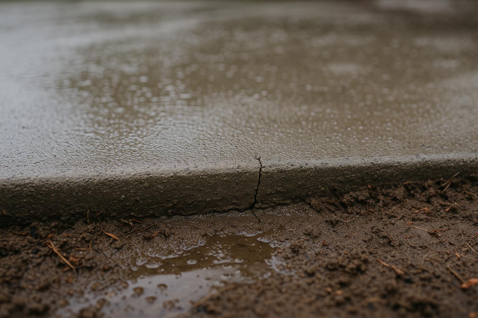Close-up stock photo of a cracked concrete driveway with damp soil after rain, illustrating hydrostatic pressure damage in Denver.