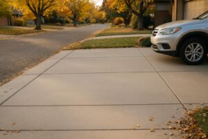 A well-maintained suburban concrete driveway in early fall in Denver, showing smooth, even surfaces and clean surroundings with soft autumn lighting, emphasizing safety and curb appeal for back-to-school season.