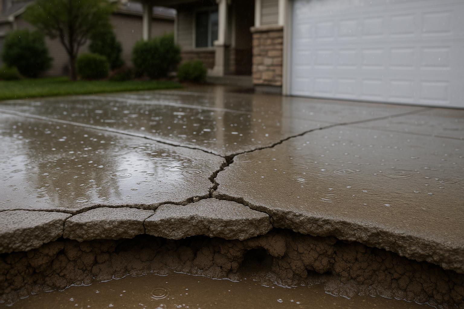 Close-up of a rain-soaked concrete driveway showing cracks and signs of water damage, representing concrete vulnerability to heavy summer rains in Colorado.