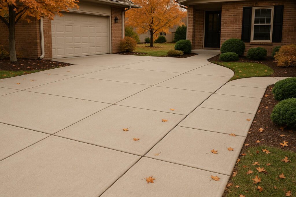 An autumn residential driveway and walkway with even, well-maintained concrete slabs and scattered fallen leaves, showing no cracks or damage.