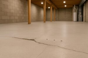 Stock photo of a residential basement floor showing small drill holes and a slightly sunken concrete slab, illustrating modern polyurethane foam repair without visible people.