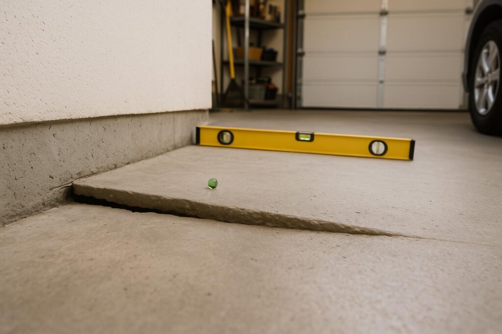 Stock photo of a residential garage floor with visible gap and uneven surface, illustrating foundation and leveling issues, no human faces present.
