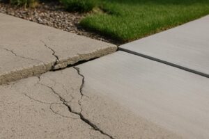 Comparison of sunken and newly leveled concrete slabs in a Denver residential setting, highlighting the results of concrete lifting repairs without showing people.