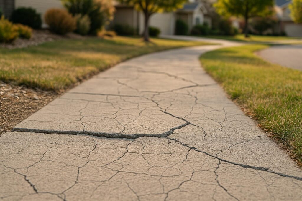 Cracked and uneven concrete sidewalk in a Colorado residential area, showing weathering and seasonal damage.