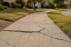 Cracked and uneven concrete sidewalk in a Colorado residential area, showing weathering and seasonal damage.