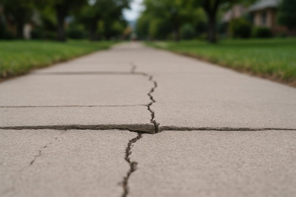 Close-up of cracked and uneven concrete sidewalk slabs in a Denver residential area, illustrating weather-related damage.