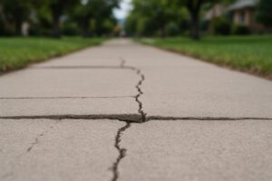 Close-up of cracked and uneven concrete sidewalk slabs in a Denver residential area, illustrating weather-related damage.