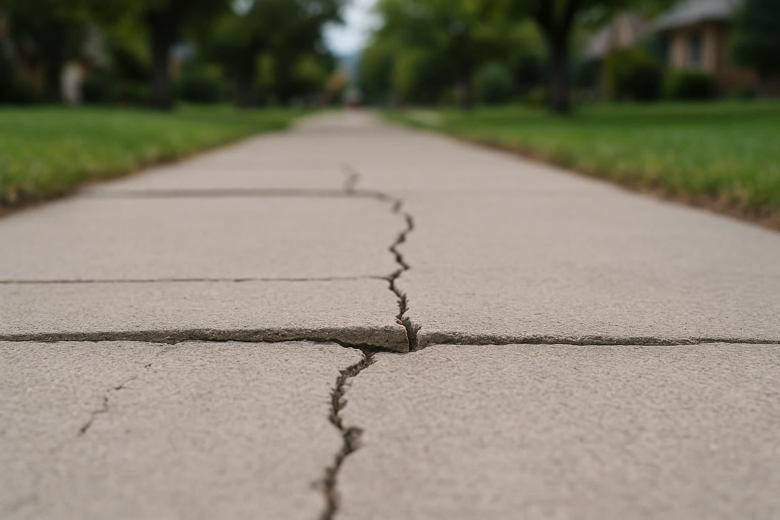 Close-up of cracked and uneven concrete sidewalk slabs in a Denver residential area, illustrating weather-related damage.